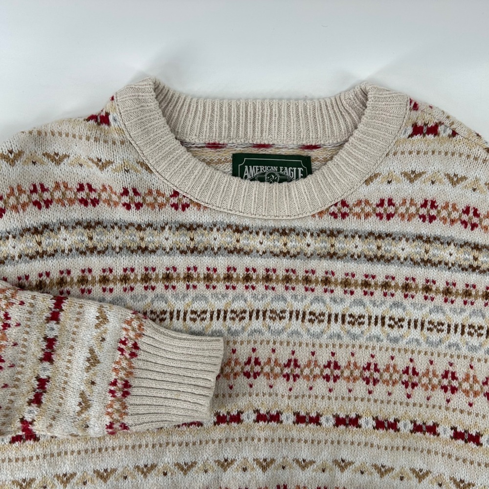 American Eagle Fair Isle Sweater Womens Small Cream Red Knit Boho Pullover
